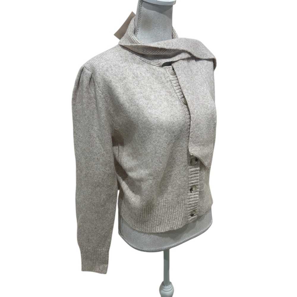 NWT FRNCH Paris perline creme knit button wool Cardigan Scarf puff sleeve medium - Picture 2 of 11